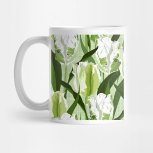 Large white / green parrot tulips on linen texture Mug